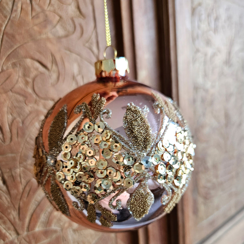 Rose Gold Sequinned Ornate Hanging Christmas Bauble