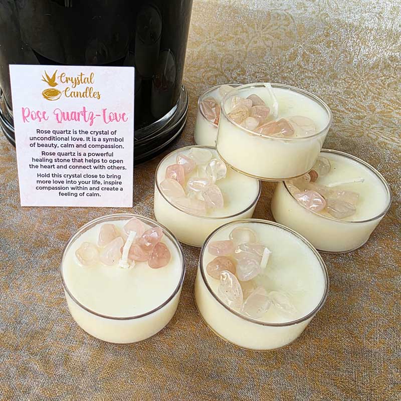 Rose Quartz Crystal Soy Tealight Candles Set of 6  - Bulgarian Rose