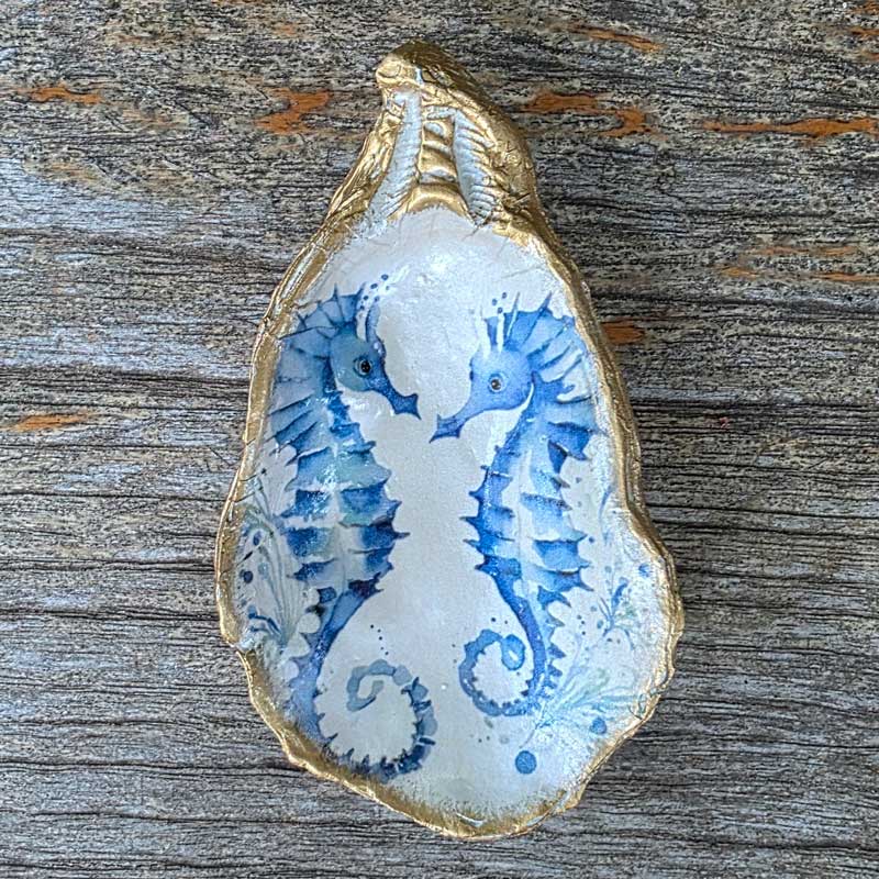 Painted Oyster Shell Design Trinket Dish - Seahorse