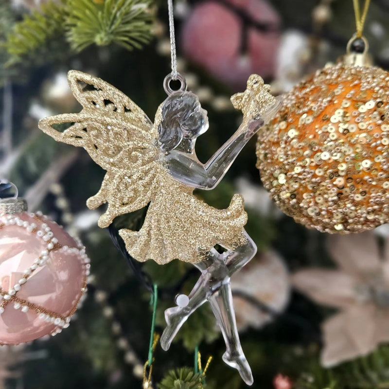 Hanging Sparkling Angel Fairy Christmas Ornament - Gold