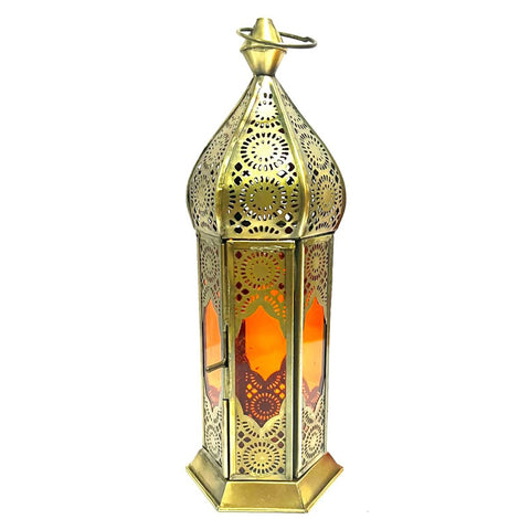 Brass Gold Tall Handcrafted Lantern - Orange