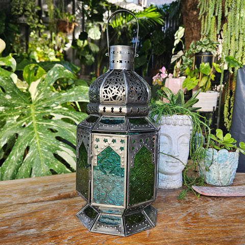 Brass Handcrafted Lantern Extra Large - Turquoise & Green
