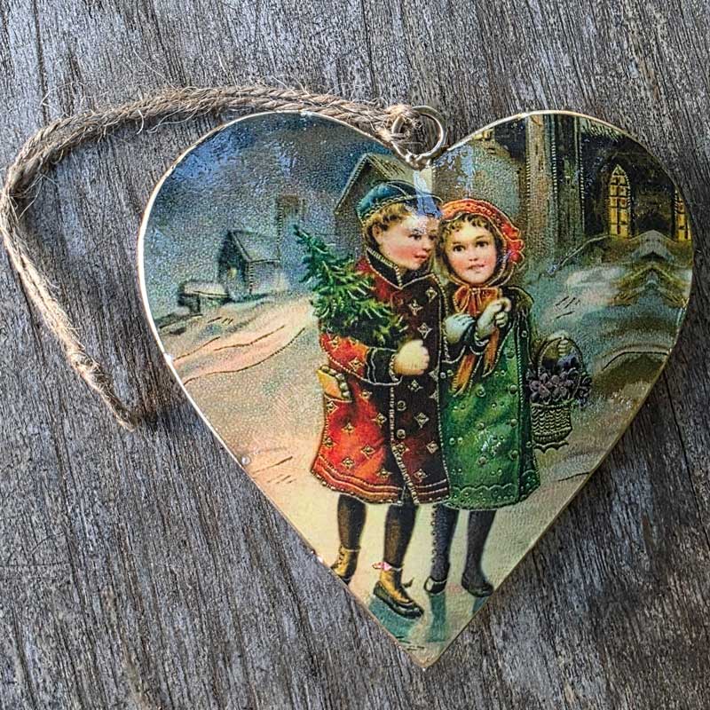 Christmas Metal Heart Ornament - Vintage Children