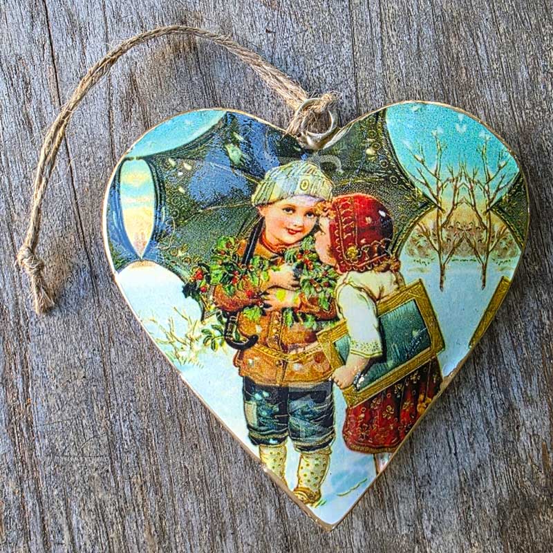 Christmas Metal Heart Ornament - Vintage Mistletoe Children