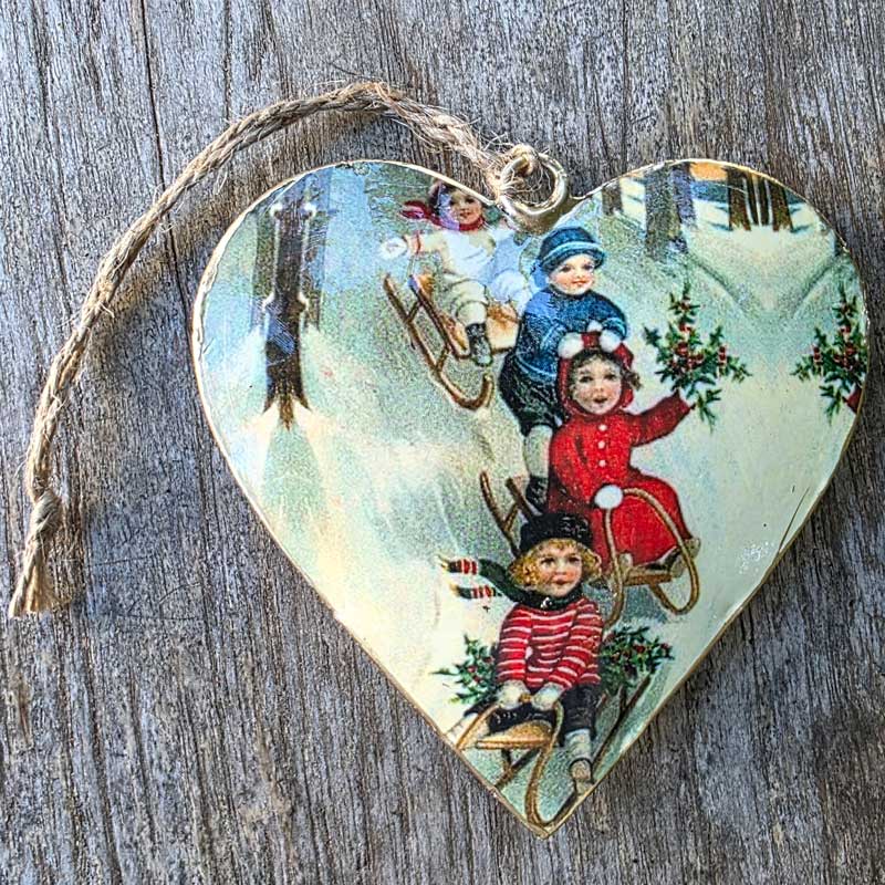 Christmas Metal Heart Ornament - Vintage Sleigh