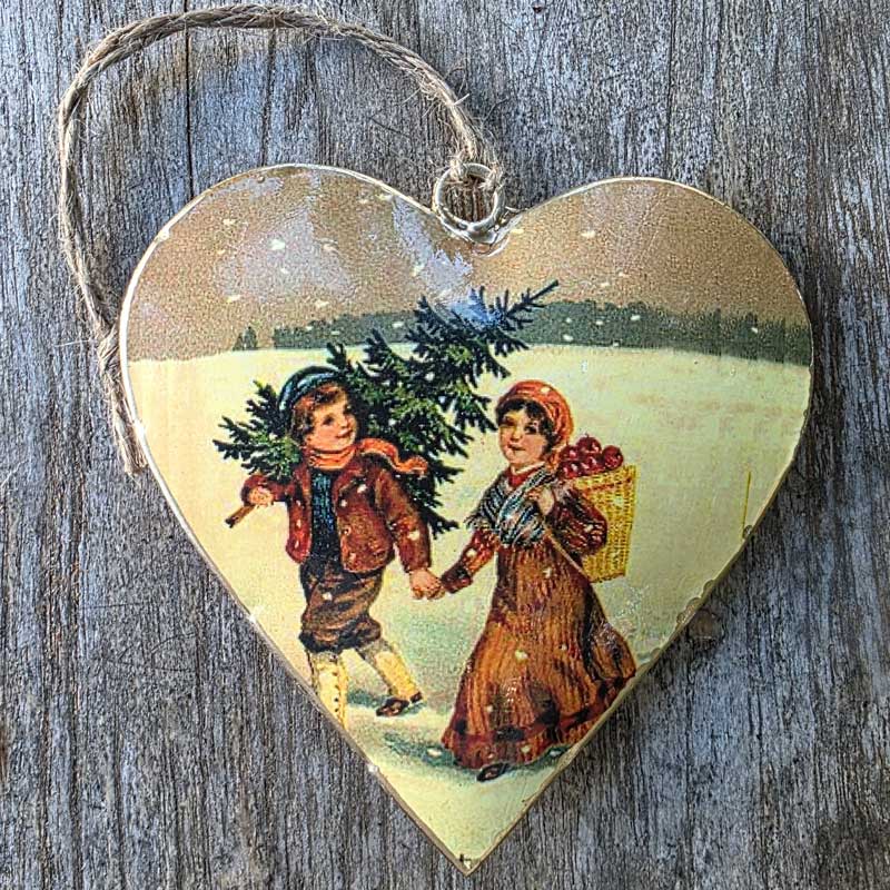 Christmas Metal Heart Ornament - Vintage Children With Tree