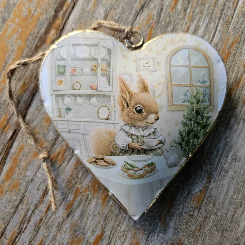 Vintage Metal Heart Ornament - Squirrel Tea Party
