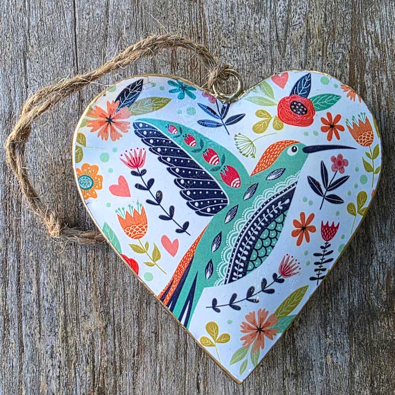 Hummingbird Metal White Heart Ornament