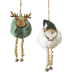 Fluffy Santa Ornament With Beads & Bells - Sage