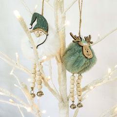 Fluffy Santa Ornament With Beads & Bells - Sage