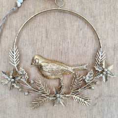 Hanging Bird In Circle Wreath - Gold