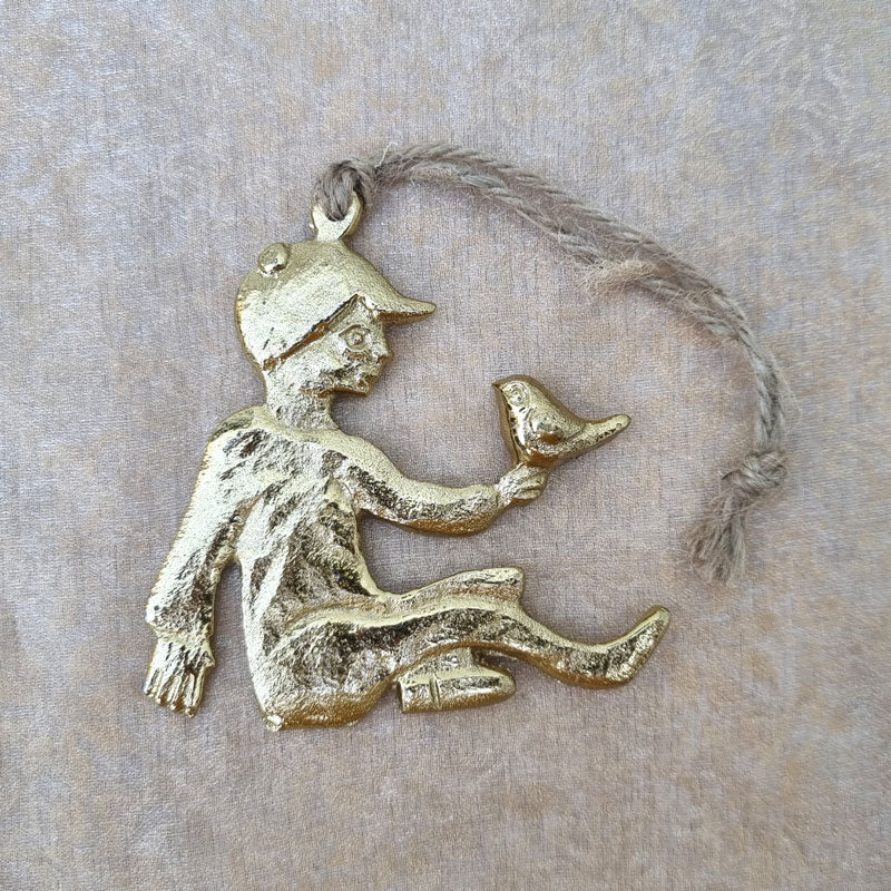 Hanging Gold Boy With Birds Christmas Ornament