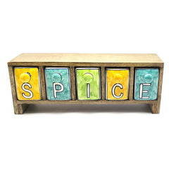 5 Drawer Wood & Ceramic Spice Box - Handcrafted