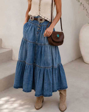Sadie Tiered Denim Maxi Skirt - Blue