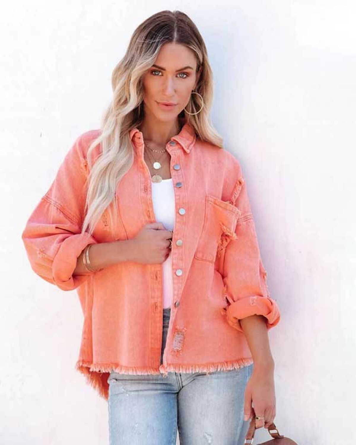 Stevie Stonewash Denim Shacket – Coral