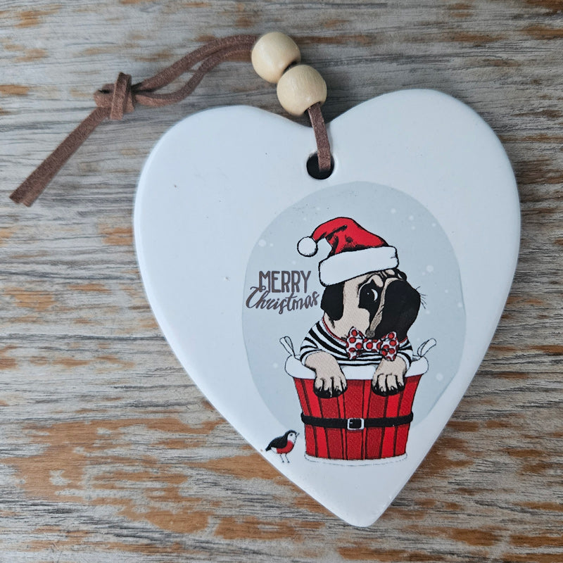 Pug Merry Christmas Hanging Heart Ornament