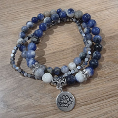 Natural Stone Lotus Triple Stack Bracelet - Boho Blue Sodalite
