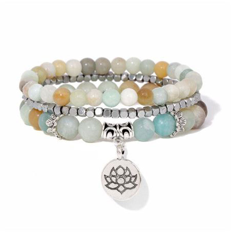 Natural Stone Lotus Triple Stack Bracelet - Amazonite