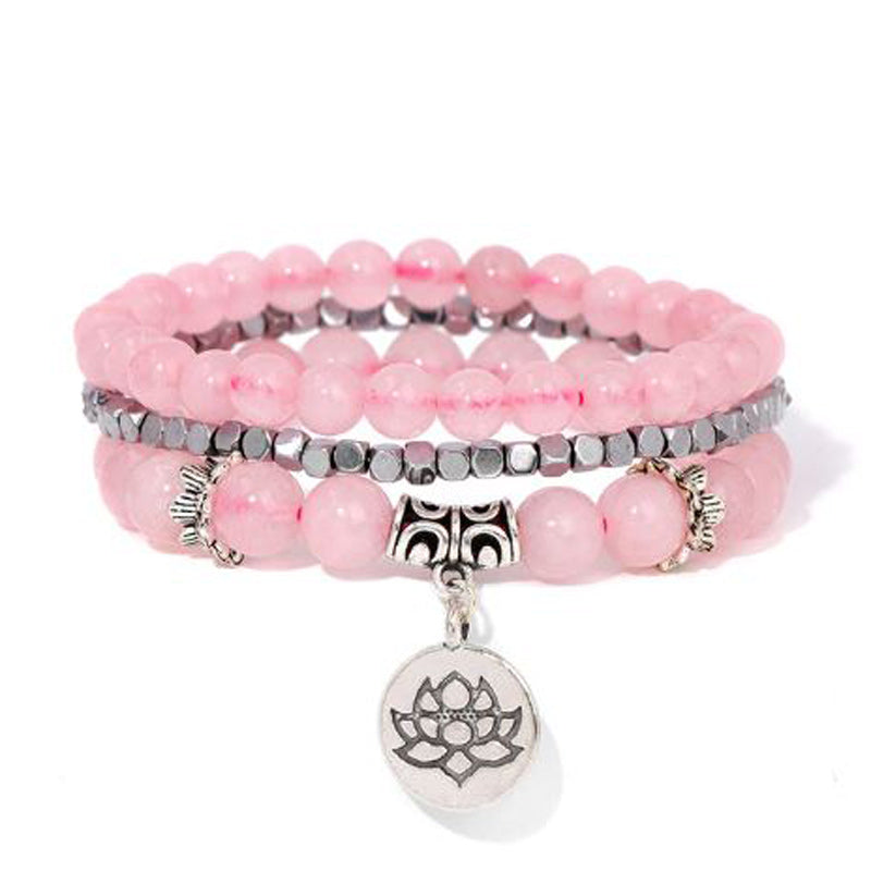 Natural Stone Lotus Triple Stack Bracelet - Rose Quartz