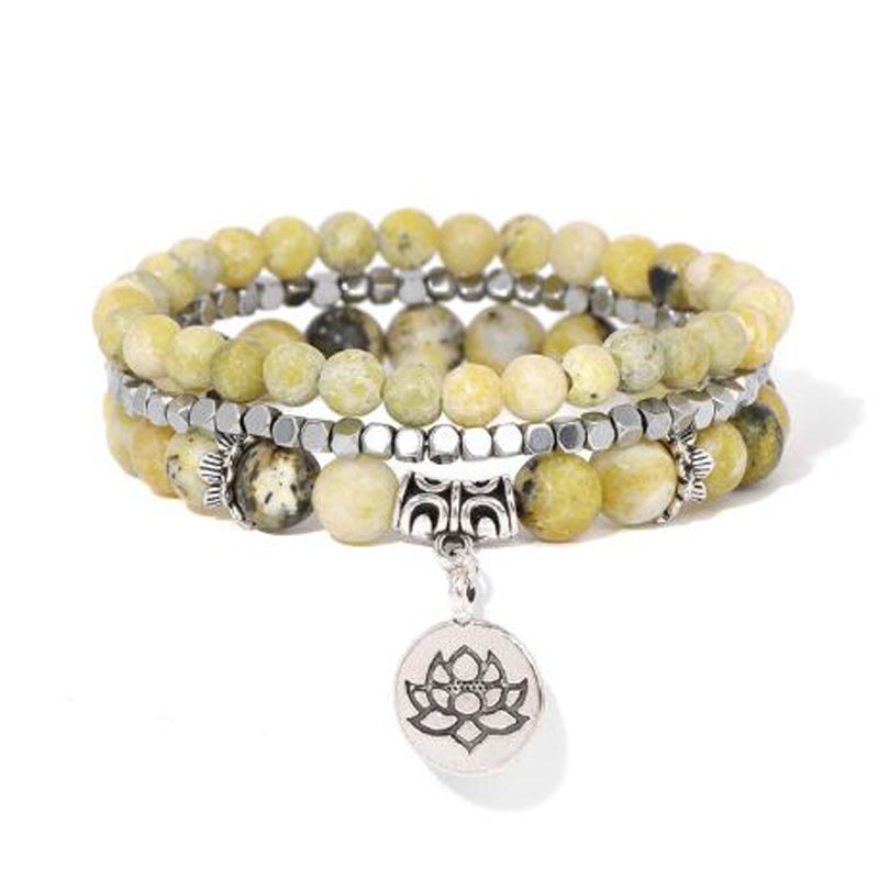 Natural Stone Lotus Triple Stack Bracelet - Yellow Jasper