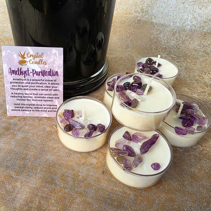 Amethyst Crystal Soy Tealight Candles Set of 6  - Sandalwood