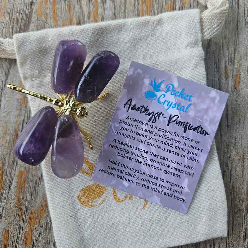 Amethyst  Pocket Crystal Dragonfly Gold - Purification