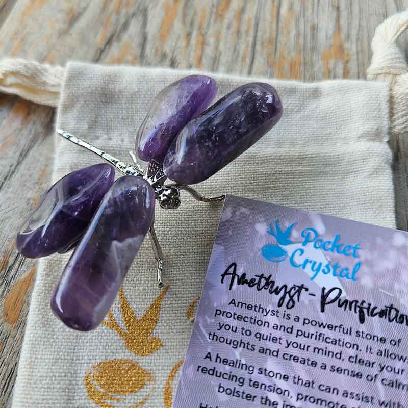 Amethyst  Pocket Crystal Dragonfly Silver - Purification