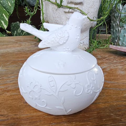 Bird Trinket Box Round - White