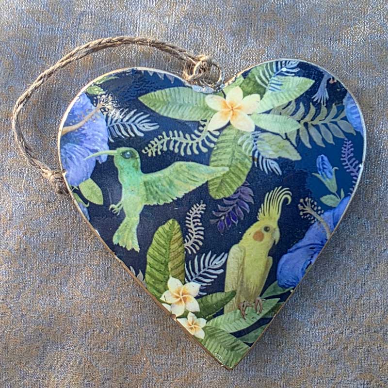 Birds & Leaves Metal Heart Ornament