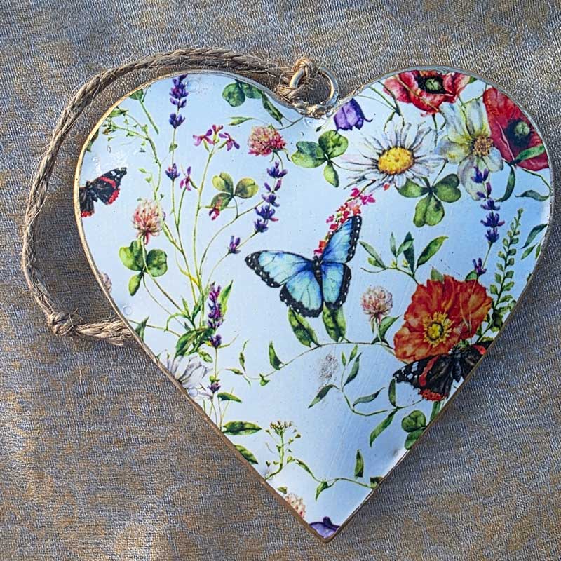 White Floral Heart & Butterflies Metal Heart Ornament