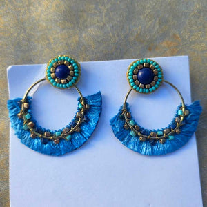 Blue Beaded Fringe Earrings - Handcrafted