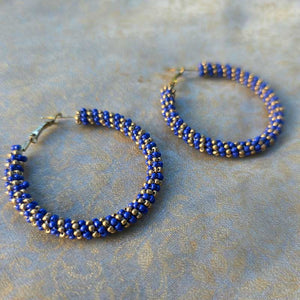 Blue Gold Beaded Hoop Earrings - Handcrafted