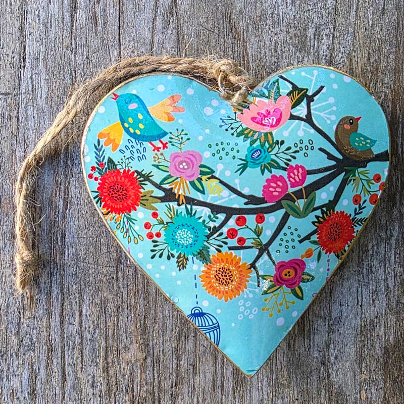 Birds Bright Aqua Heart Ornament