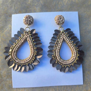 Bronze Beaded Leaf Earrings - Handcrafted