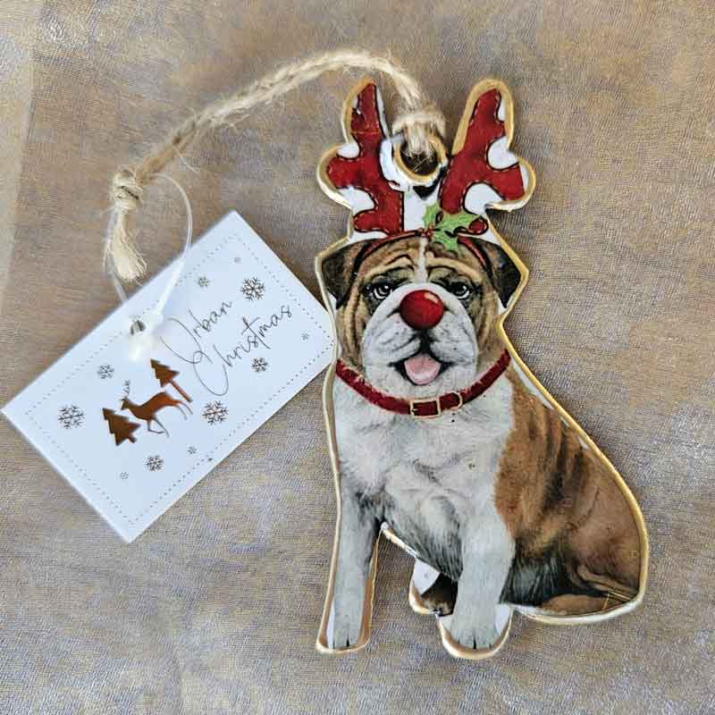 Christmas Bulldog Hanging Ornament  - With Antlers