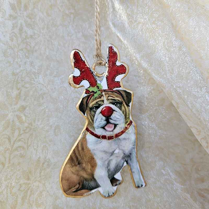 Christmas Bulldog Hanging Ornament With Antlers The Chic Nest