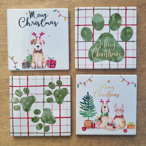 Pawprints Cat And Dog Christmas Set of 4 Coasters