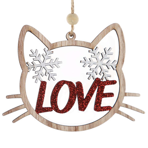 Cat Face Hanging Christmas Ornament - Red Love