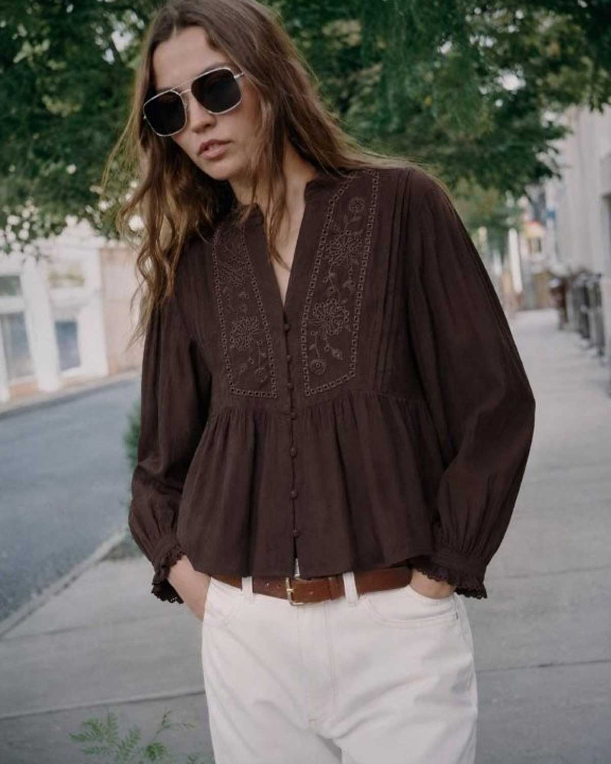 Vintage Charm Embroidered  Blouse - Chocolate