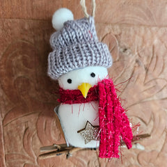 Bird on Branch Hanging Christmas Decoration - Grey Hat