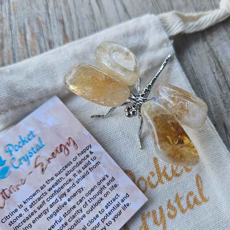 Citrine Pocket Crystal Dragonfly Silver - Energy  & Success