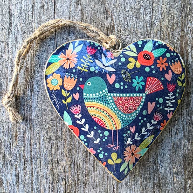 Bird Multicolour Metal Heart Ornament - Black (A)
