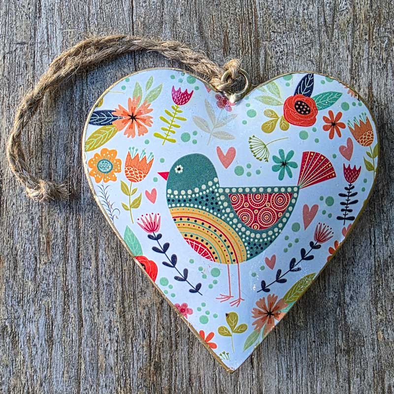 Bird Multicolour Metal Heart Ornament - White (B)