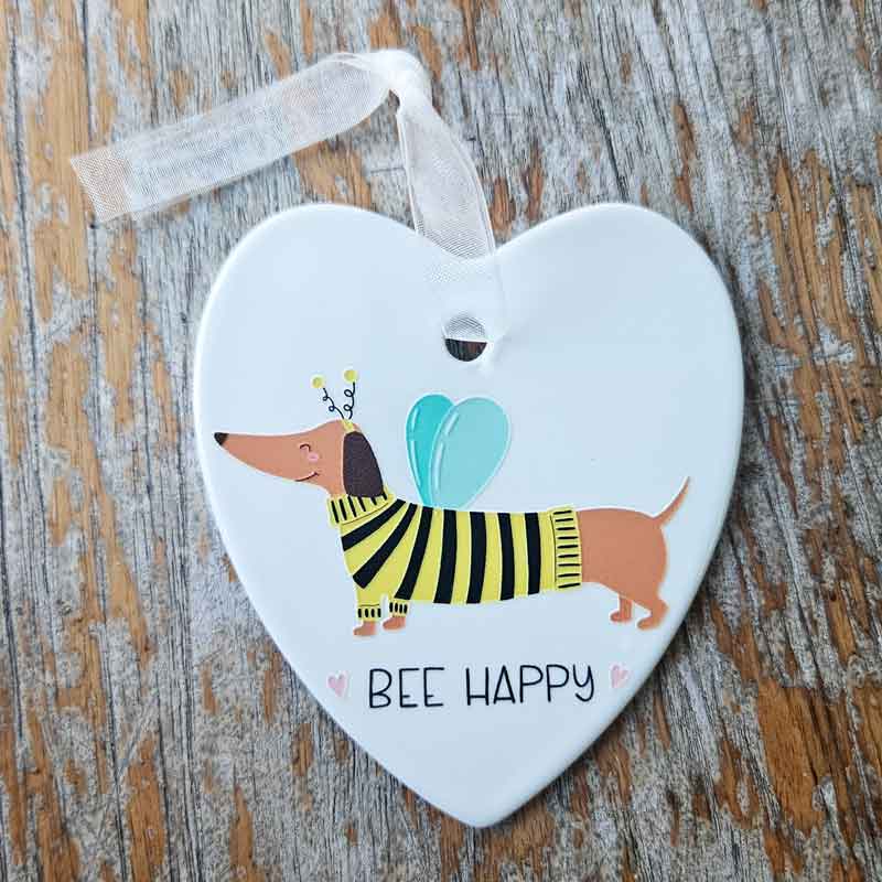 Bee Happy Dachshund Hanging Heart