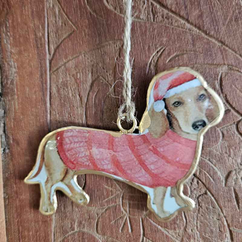 Christmas Dachshund Dog Hanging Ornament  - Red Jumper & Hat