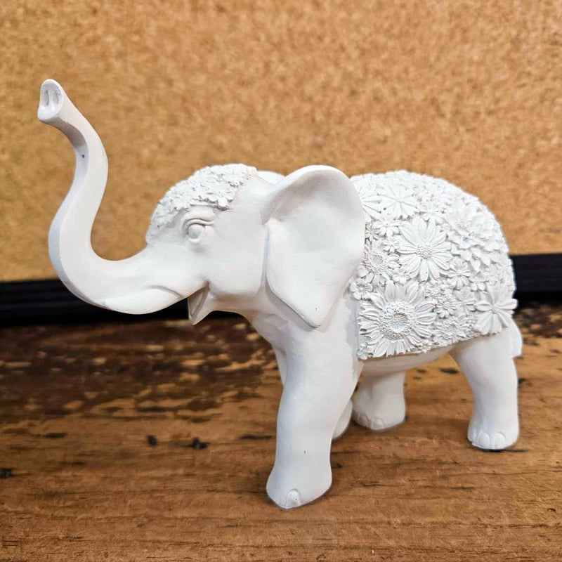 Elephant Figurine Daisy Floral Design - White