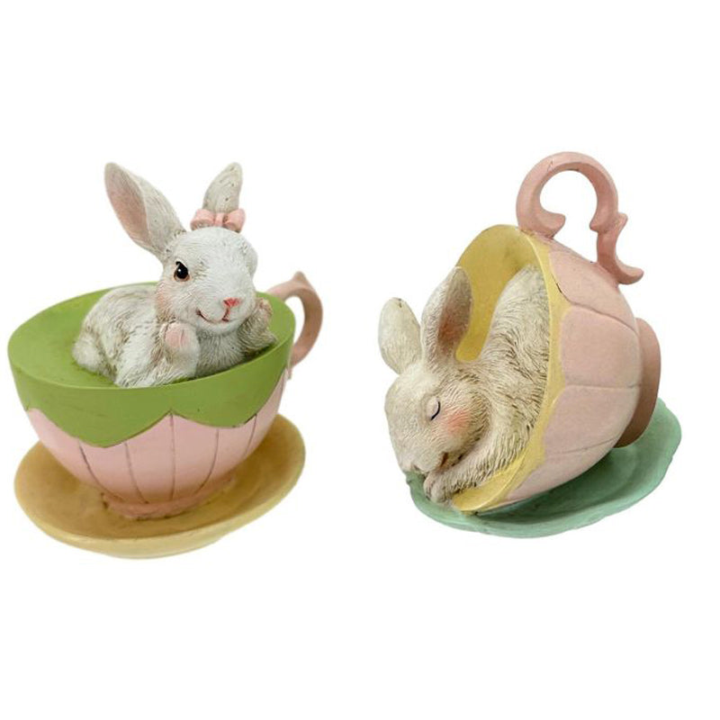 Bunnies In Tea Cups - Set of 2 Pastel Pink