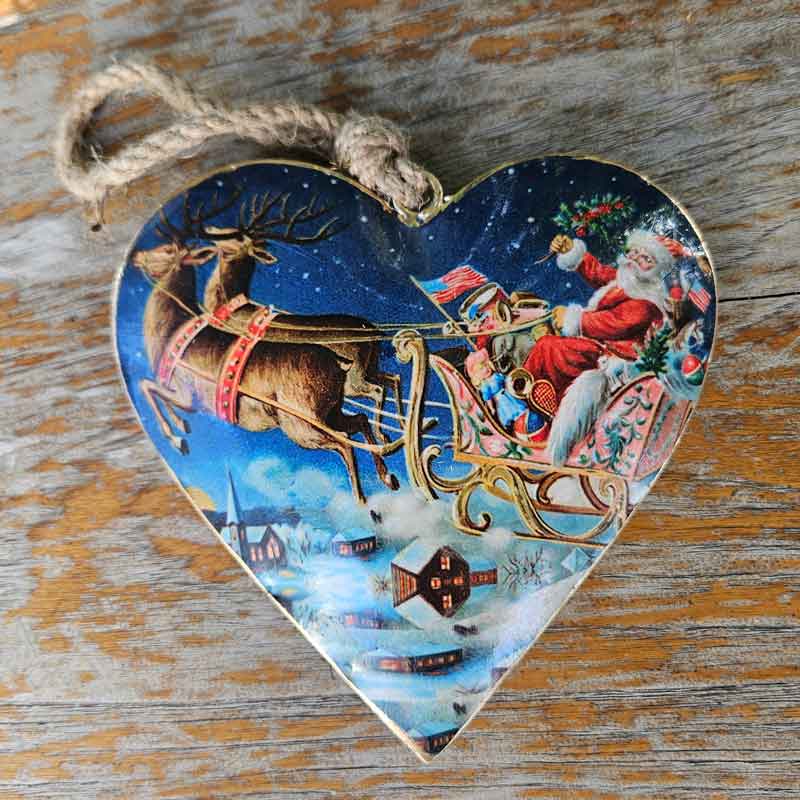 Extra Large Christmas Metal Heart Ornament - Santa On Sleigh