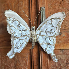 Extra Large Butterfly Clip Fabric Ornament - Gold & White