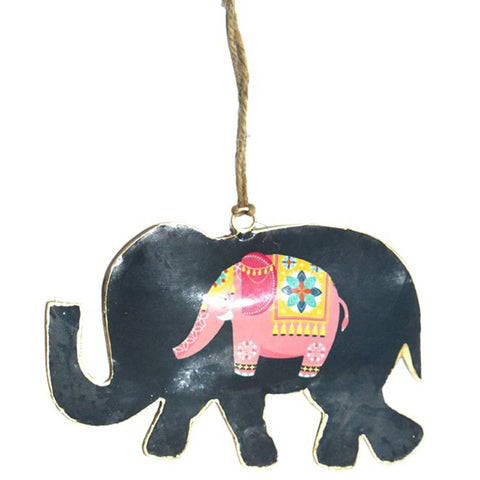 Extra Large Hanging Metal Elephant Ornament - Pink & Black